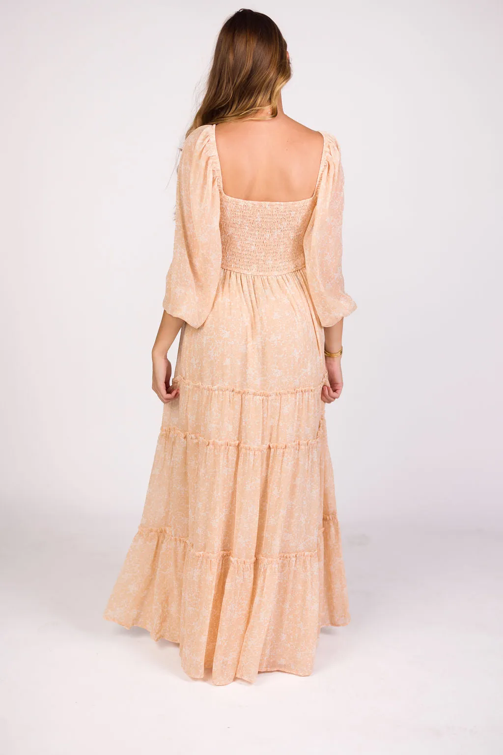 Daphne Long Sleeve Maxi Dress in Light Beige/White Floral - Bump Friendly & Inclusive Sizing (XS-3XL)