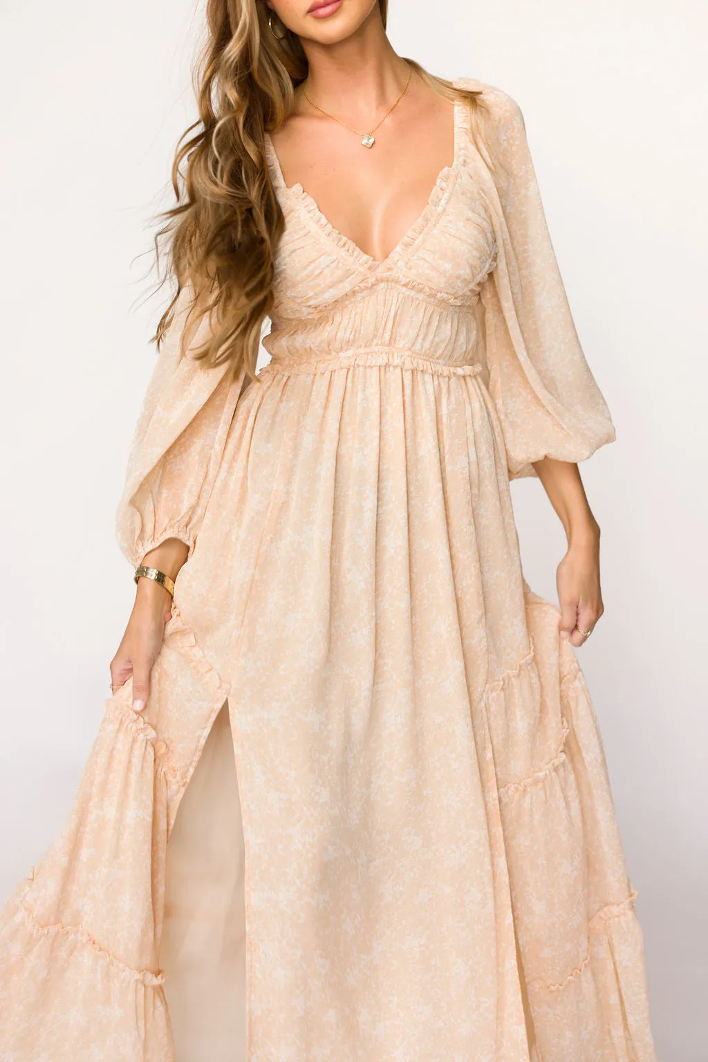Daphne Long Sleeve Maxi Dress in Light Beige/White Floral - Bump Friendly & Inclusive Sizing (XS-3XL)