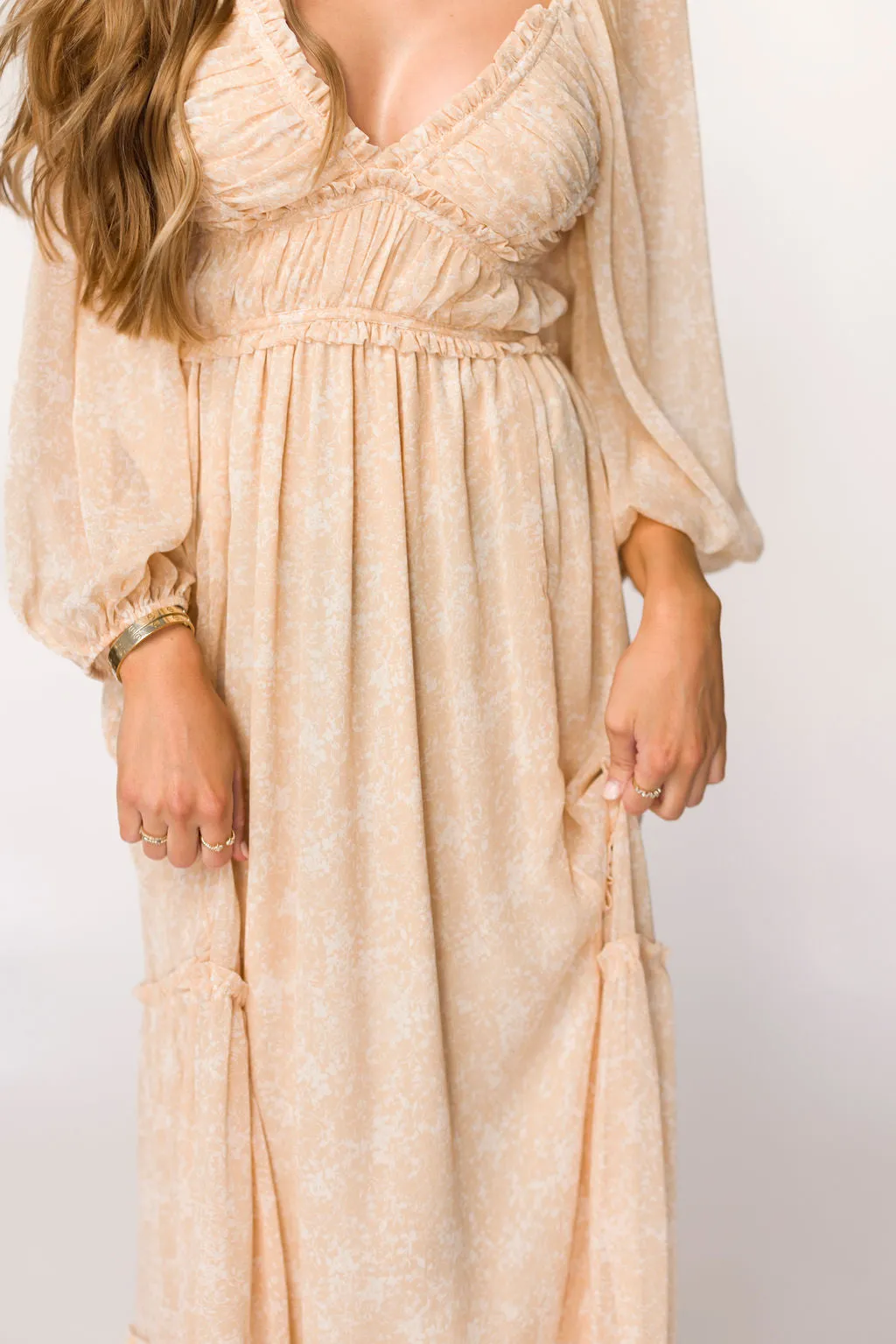 Daphne Long Sleeve Maxi Dress in Light Beige/White Floral - Bump Friendly & Inclusive Sizing (XS-3XL)