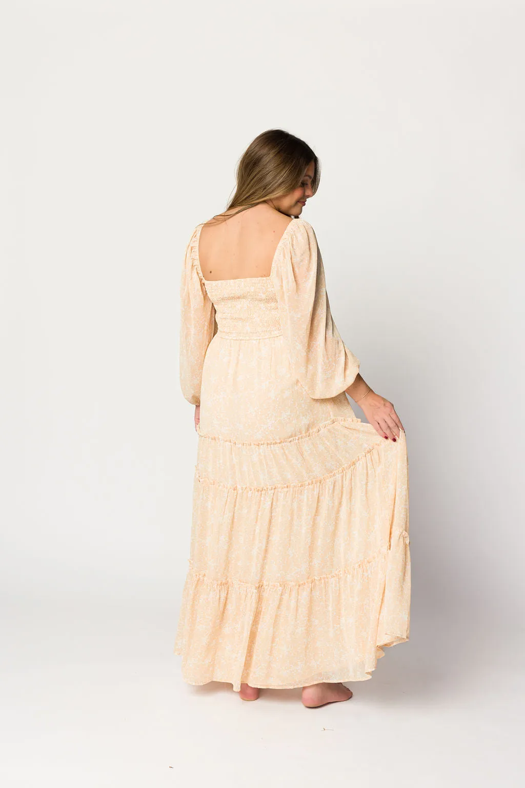 Daphne Long Sleeve Maxi Dress in Light Beige/White Floral - Bump Friendly & Inclusive Sizing (XS-3XL)
