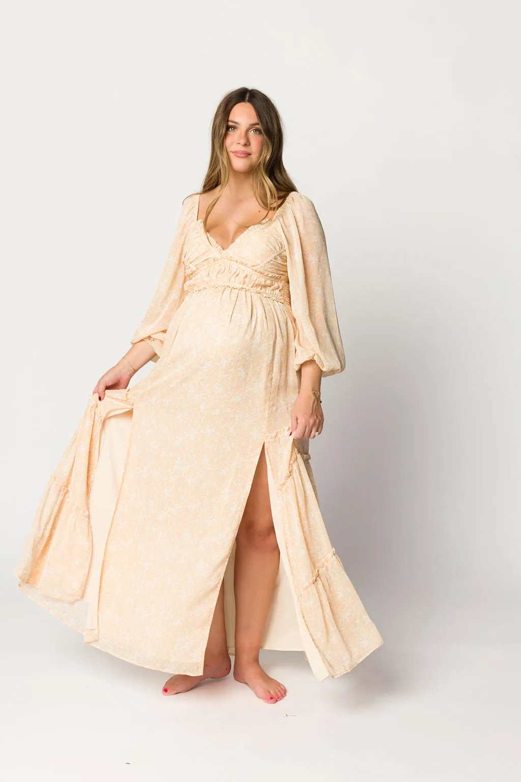 Daphne Long Sleeve Maxi Dress in Light Beige/White Floral - Bump Friendly & Inclusive Sizing (XS-3XL)