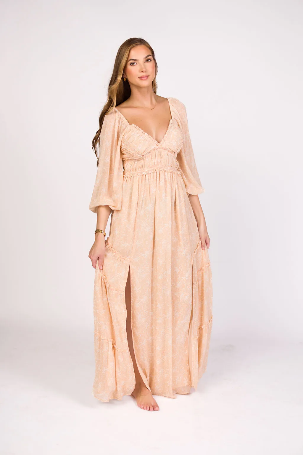 Daphne Long Sleeve Maxi Dress in Light Beige/White Floral - Bump Friendly & Inclusive Sizing (XS-3XL)