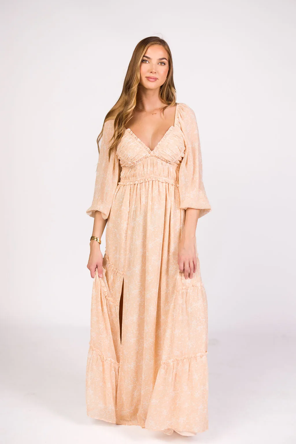 Daphne Long Sleeve Maxi Dress in Light Beige/White Floral - Bump Friendly & Inclusive Sizing (XS-3XL)