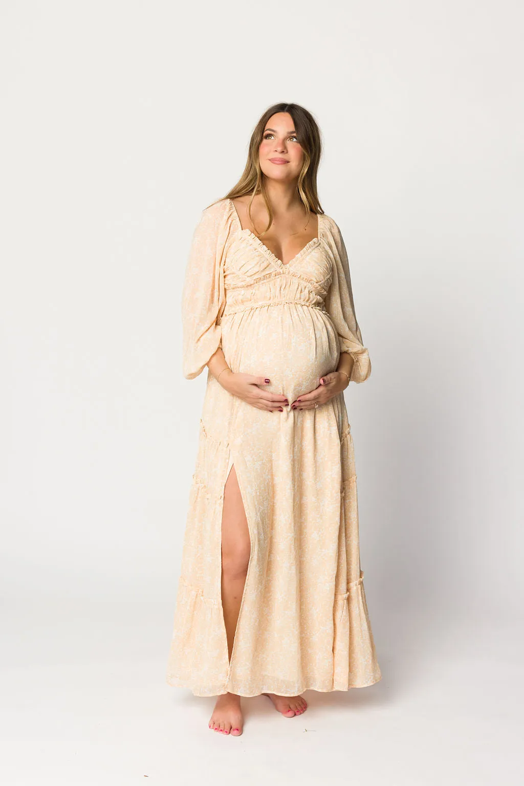 Daphne Long Sleeve Maxi Dress in Light Beige/White Floral - Bump Friendly & Inclusive Sizing (XS-3XL)