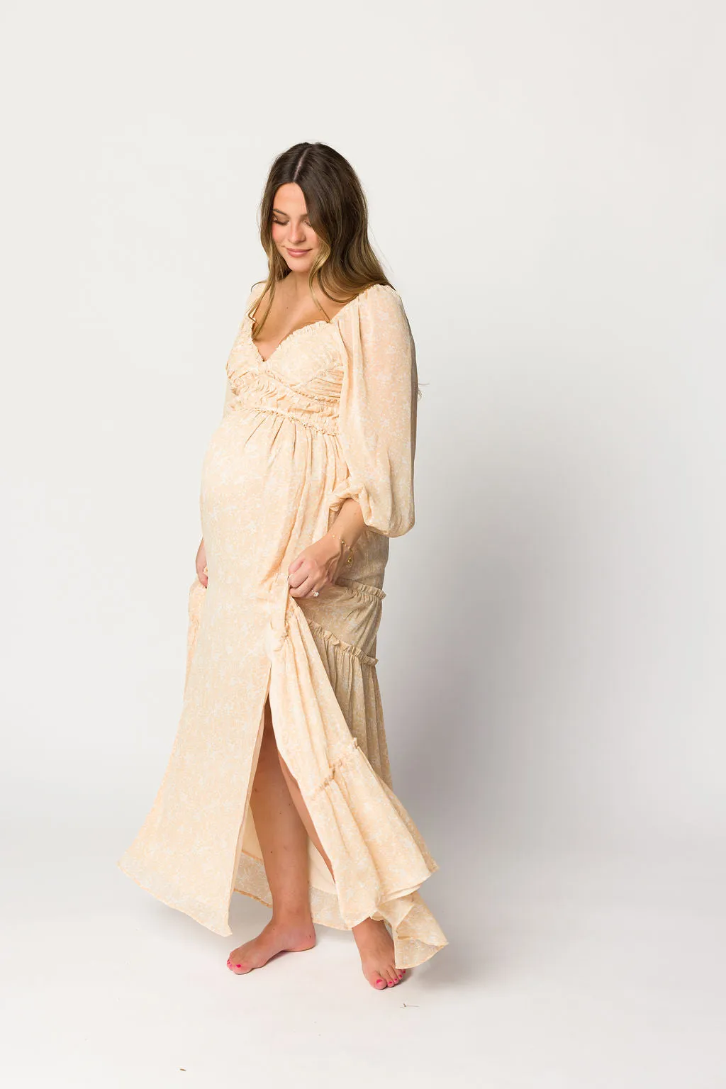 Daphne Long Sleeve Maxi Dress in Light Beige/White Floral - Bump Friendly & Inclusive Sizing (XS-3XL)