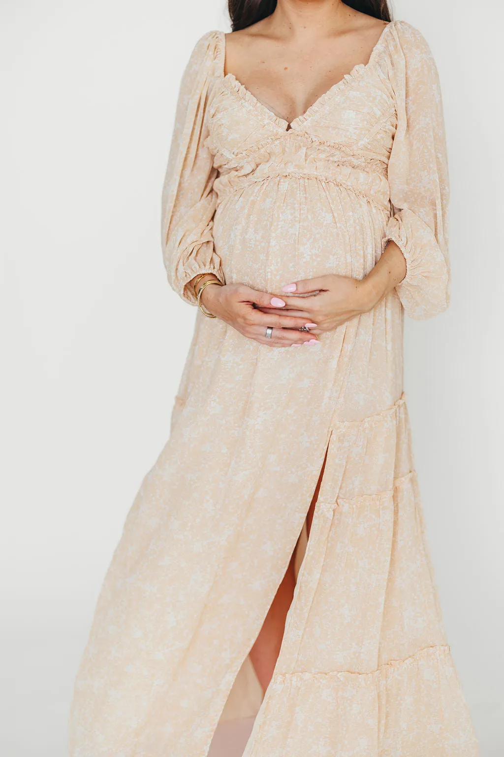 Daphne Long Sleeve Maxi Dress in Light Beige/White Floral - Bump Friendly & Inclusive Sizing (XS-3XL)
