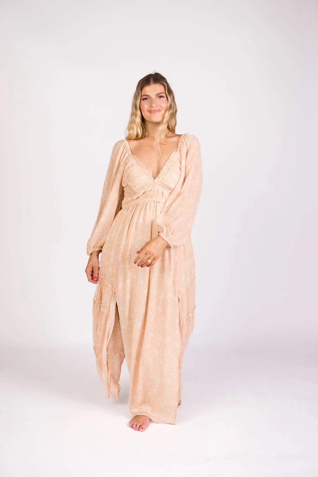 Daphne Long Sleeve Maxi Dress in Light Beige/White Floral - Bump Friendly & Inclusive Sizing (XS-3XL)