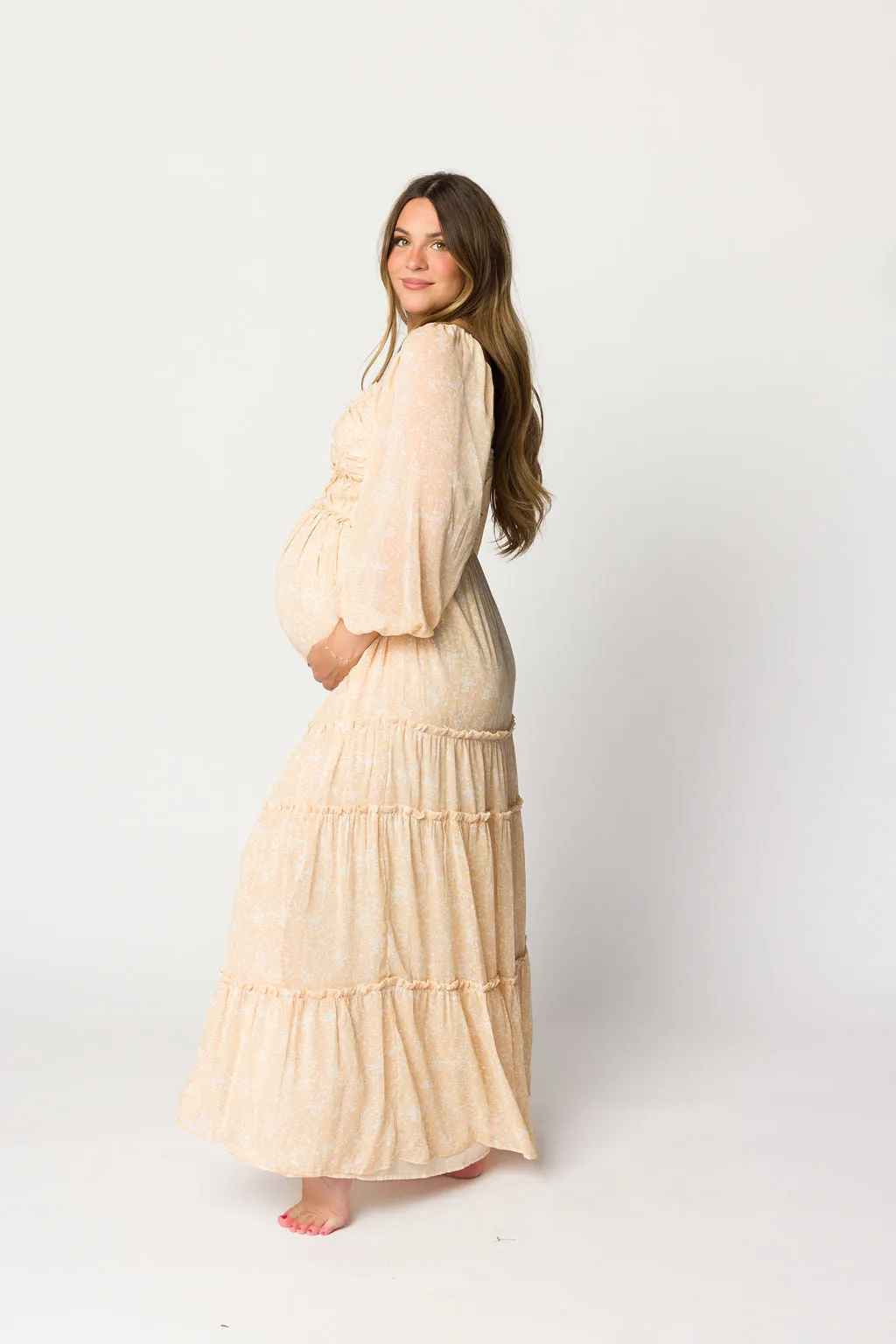 Daphne Long Sleeve Maxi Dress in Light Beige/White Floral - Bump Friendly & Inclusive Sizing (XS-3XL)
