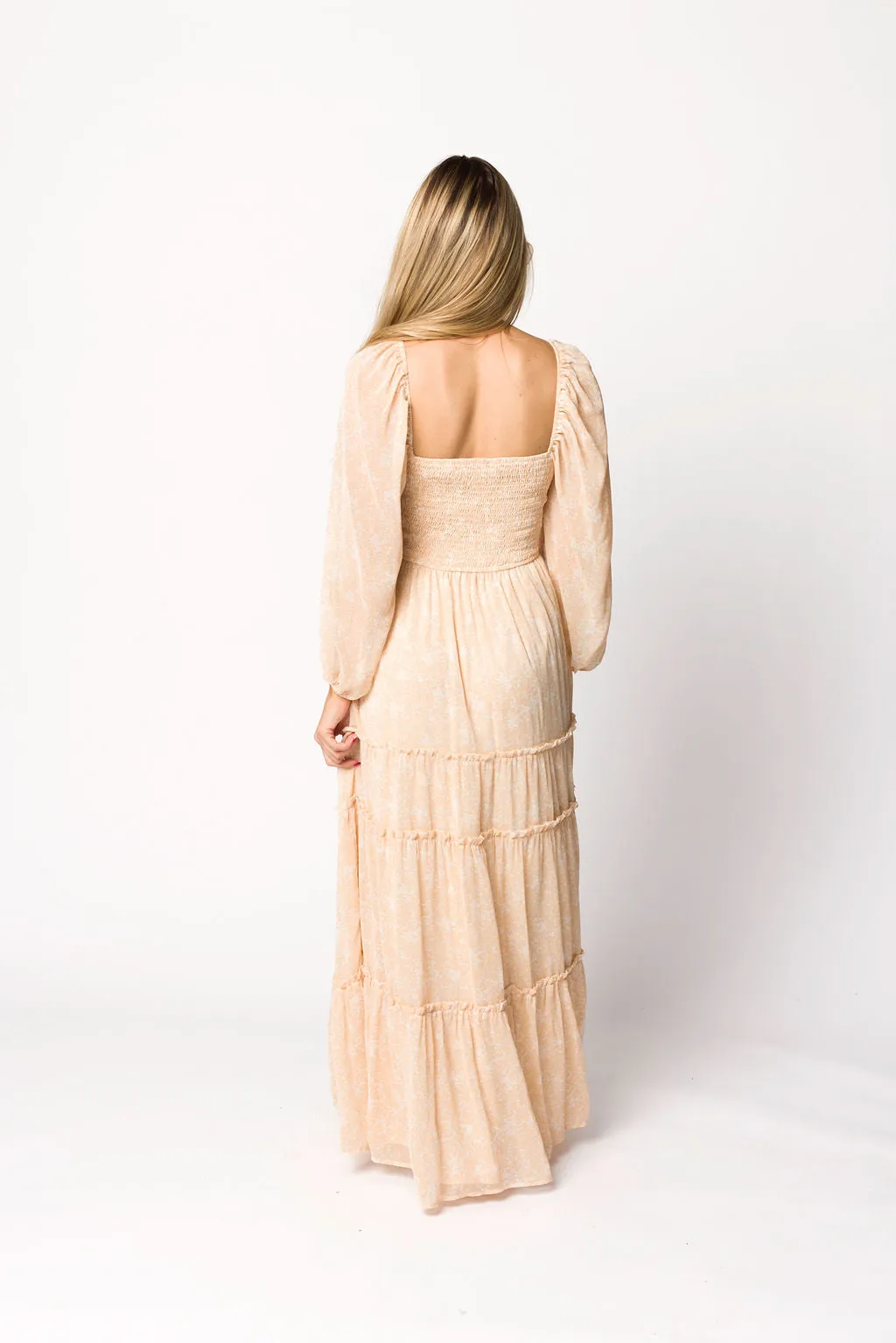 Daphne Long Sleeve Maxi Dress in Light Beige/White Floral - Bump Friendly & Inclusive Sizing (XS-3XL)