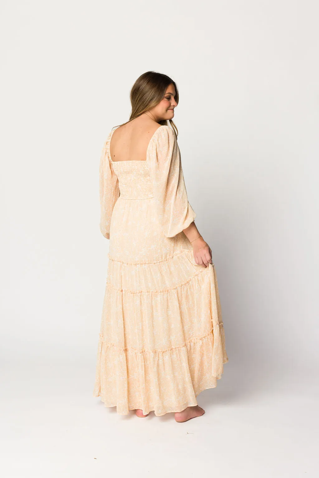 Daphne Long Sleeve Maxi Dress in Light Beige/White Floral - Bump Friendly & Inclusive Sizing (XS-3XL)