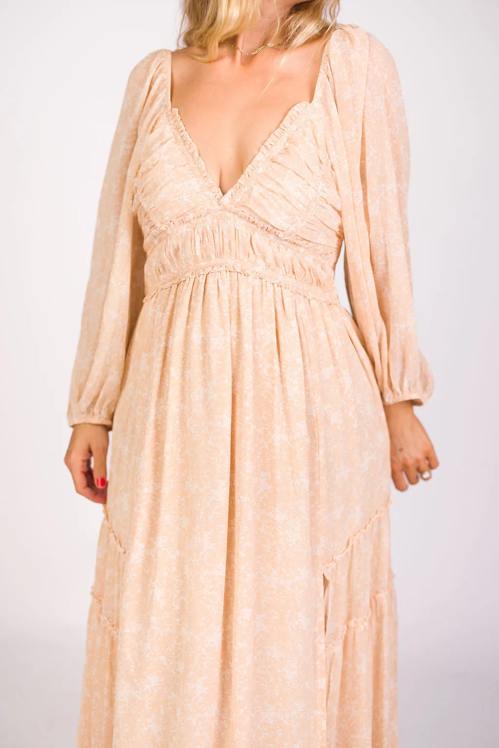 Daphne Long Sleeve Maxi Dress in Light Beige/White Floral - Bump Friendly & Inclusive Sizing (XS-3XL)