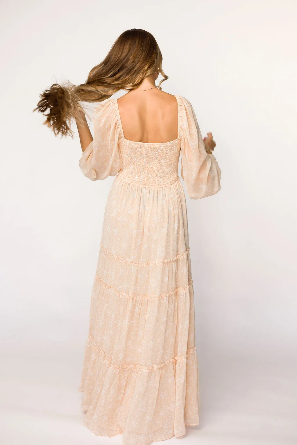 Daphne Long Sleeve Maxi Dress in Light Beige/White Floral - Bump Friendly & Inclusive Sizing (XS-3XL)
