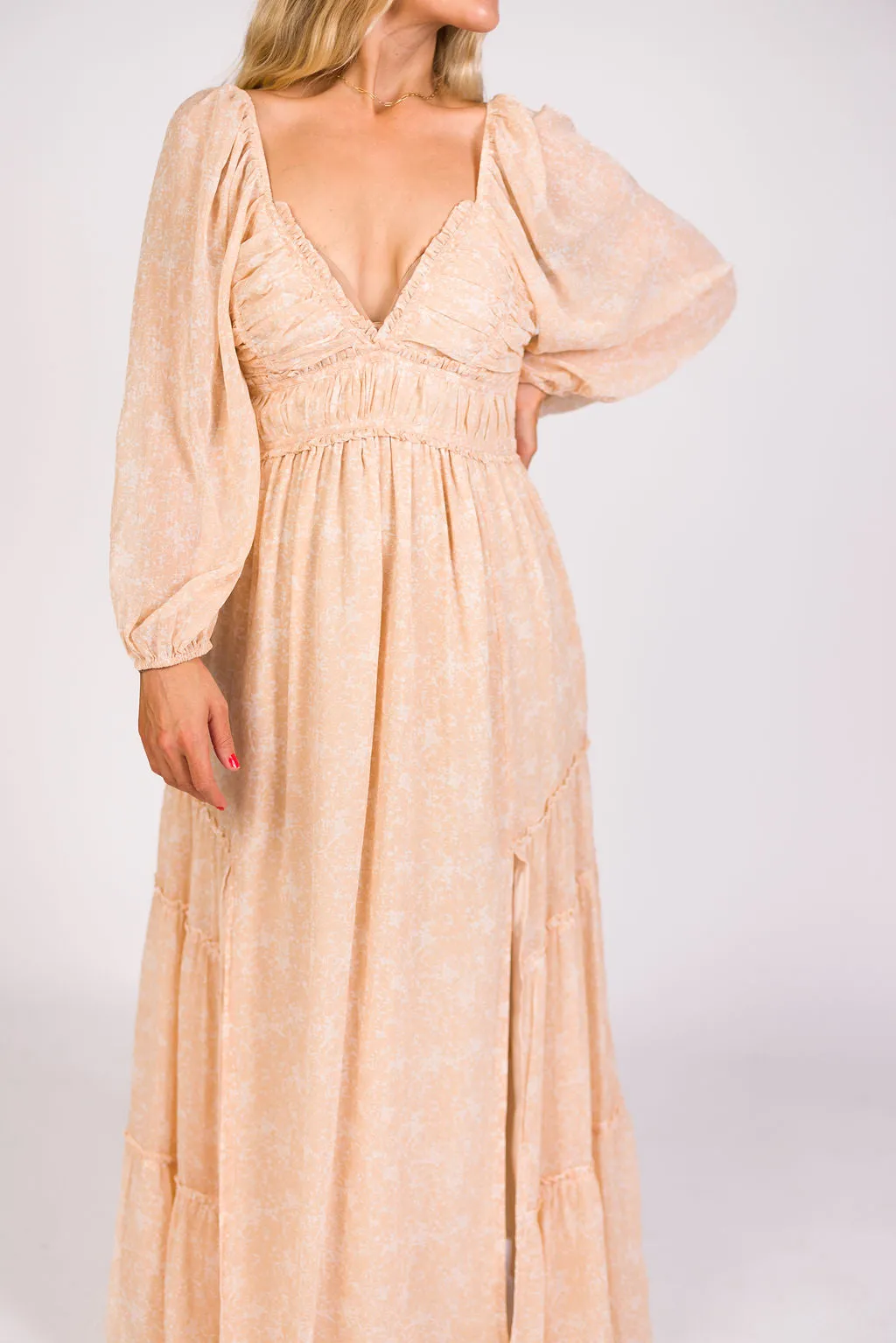Daphne Long Sleeve Maxi Dress in Light Beige/White Floral - Bump Friendly & Inclusive Sizing (XS-3XL)