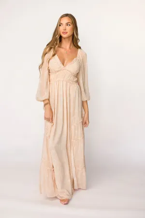 Daphne Long Sleeve Maxi Dress in Light Beige/White Floral - Bump Friendly & Inclusive Sizing (XS-3XL)