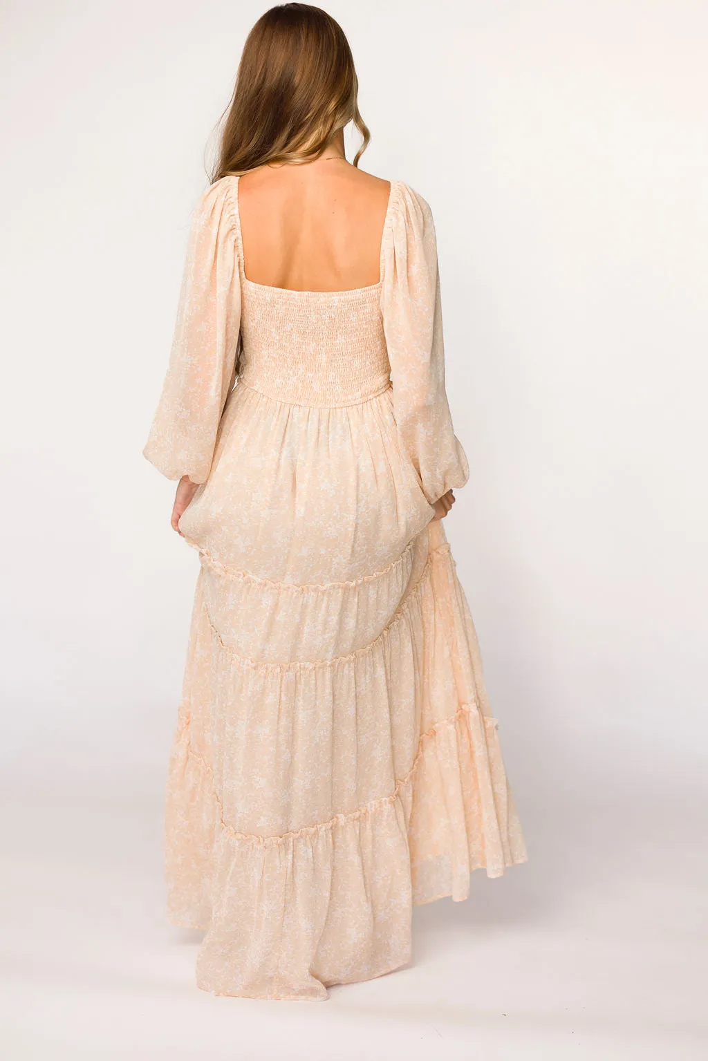 Daphne Long Sleeve Maxi Dress in Light Beige/White Floral - Bump Friendly & Inclusive Sizing (XS-3XL)