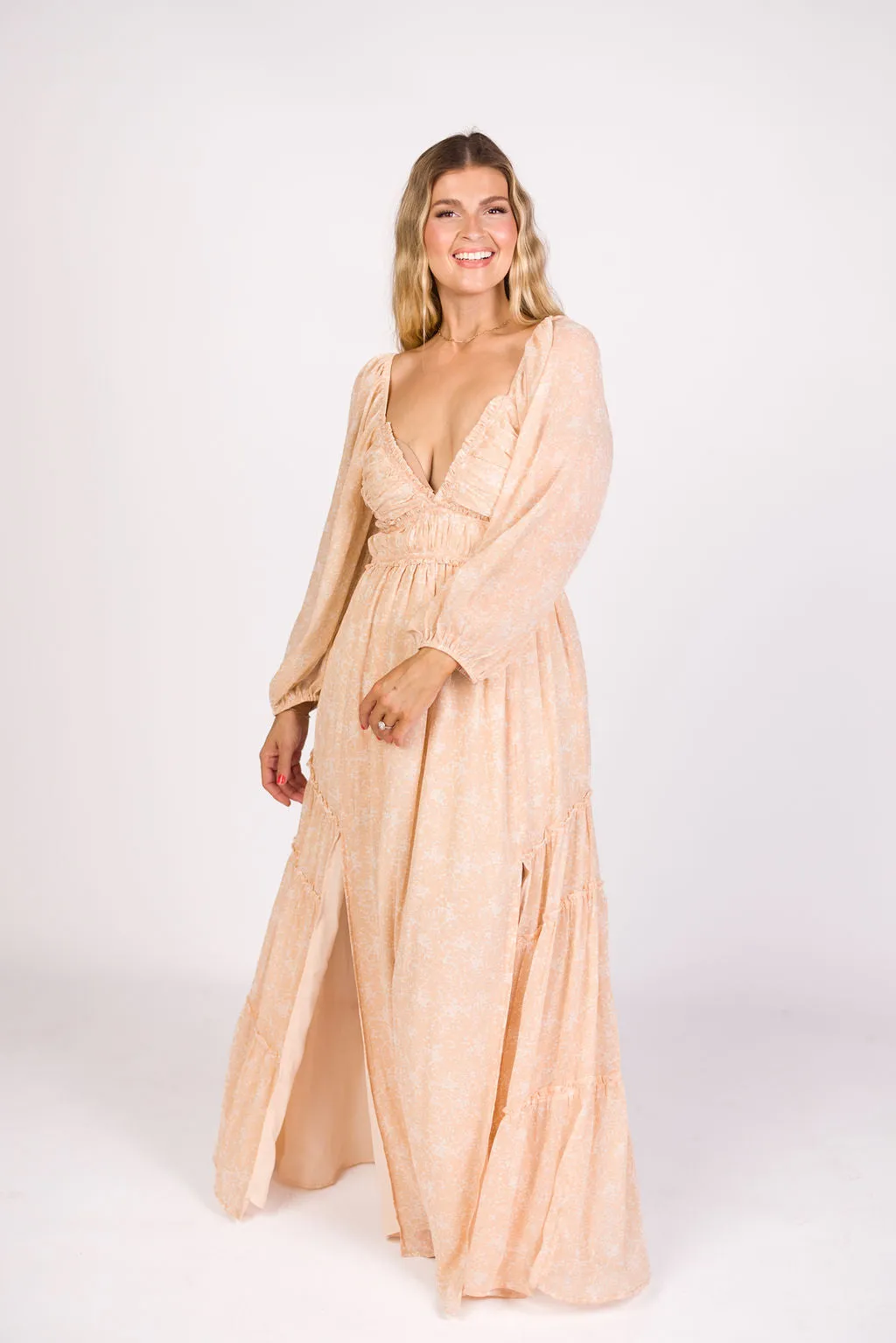 Daphne Long Sleeve Maxi Dress in Light Beige/White Floral - Bump Friendly & Inclusive Sizing (XS-3XL)