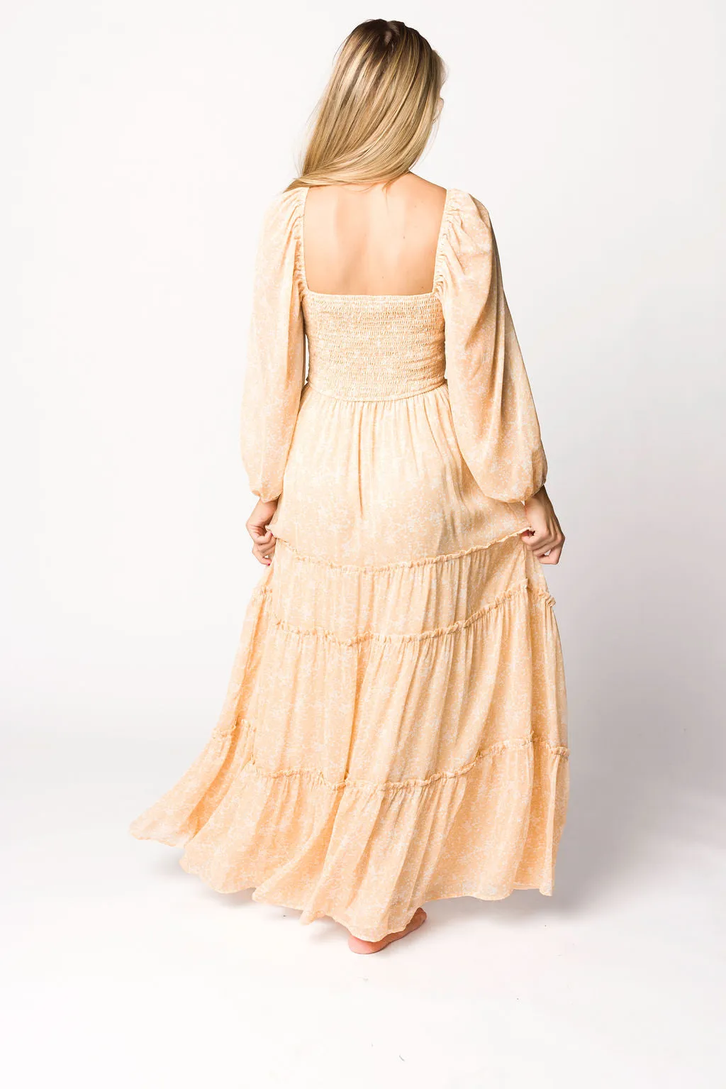 Daphne Long Sleeve Maxi Dress in Light Beige/White Floral - Bump Friendly & Inclusive Sizing (XS-3XL)