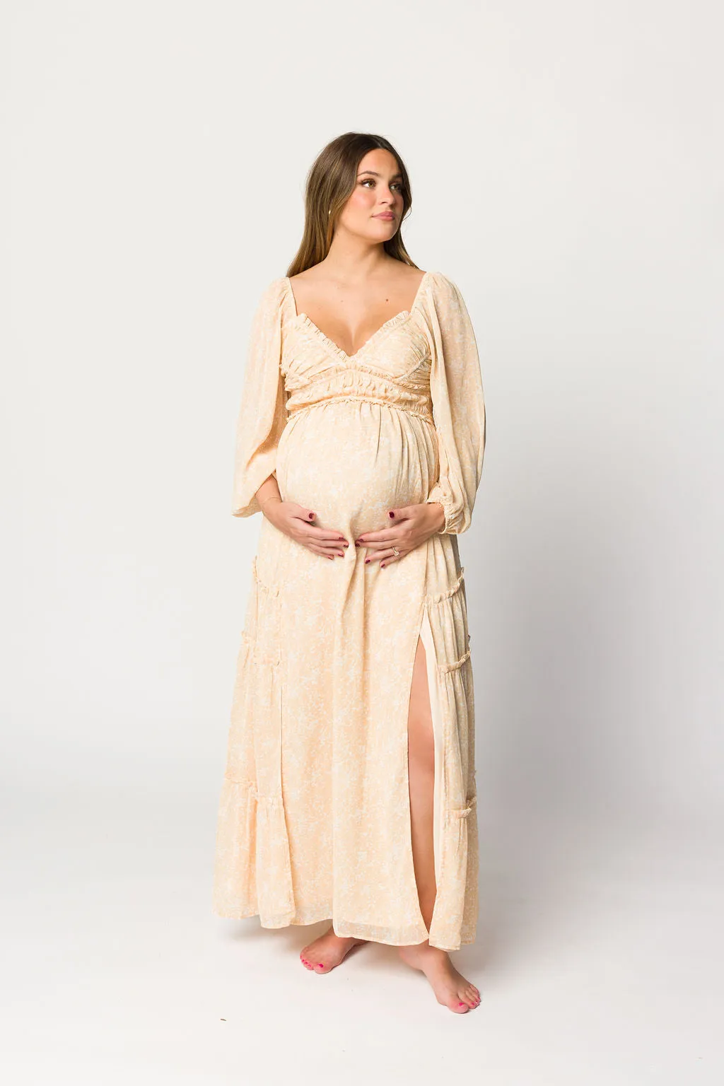 Daphne Long Sleeve Maxi Dress in Light Beige/White Floral - Bump Friendly & Inclusive Sizing (XS-3XL)