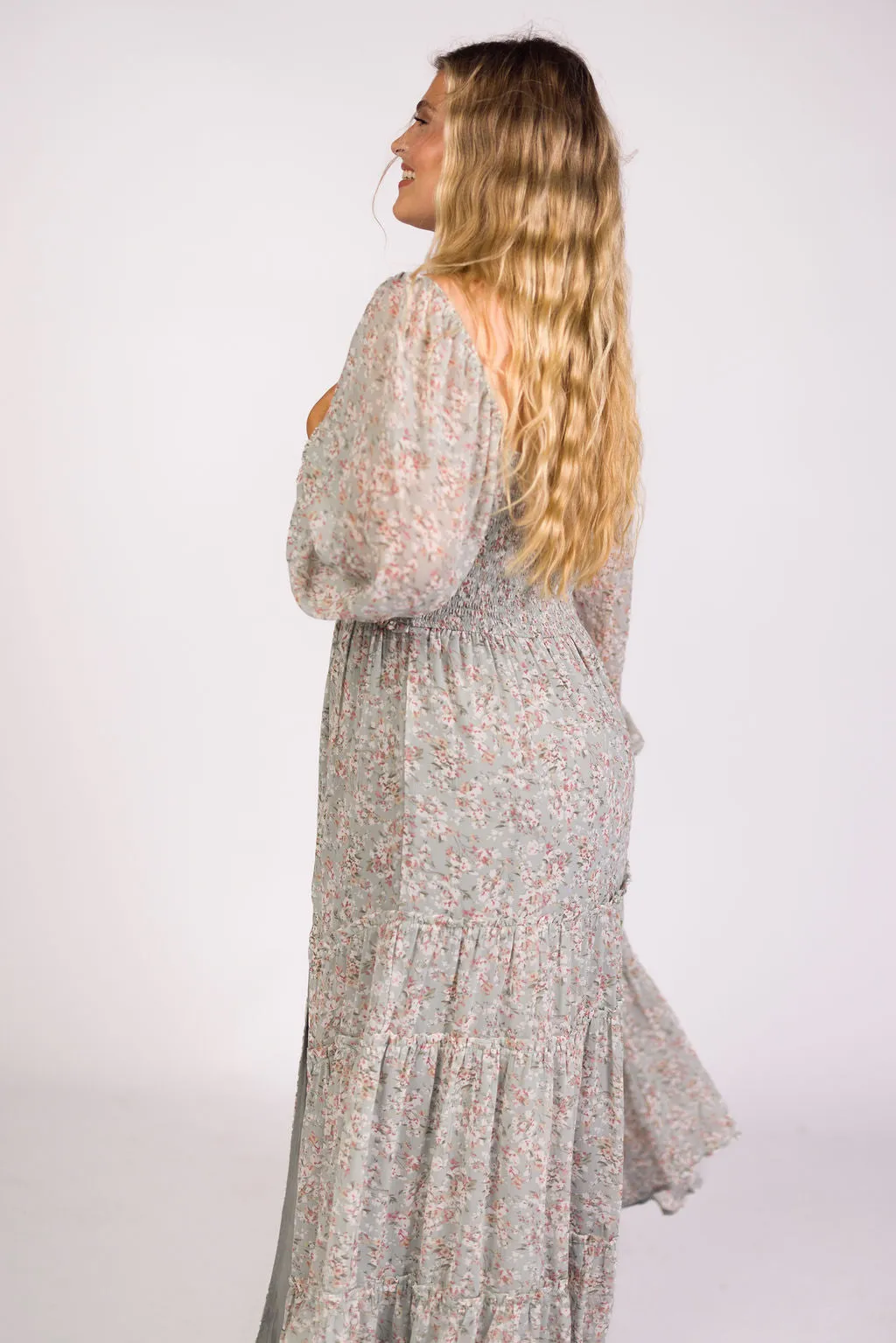 Daphne Long Sleeve Maxi Dress in Sage/Pink/Ivory Floral - Bump Friendly & Inclusive Sizing (XS-3XL)