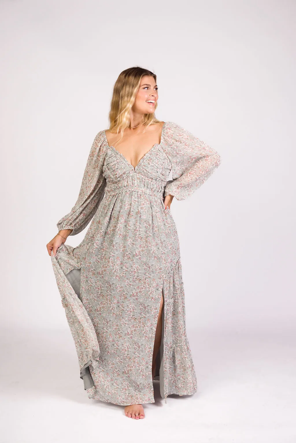 Daphne Long Sleeve Maxi Dress in Sage/Pink/Ivory Floral - Bump Friendly & Inclusive Sizing (XS-3XL)