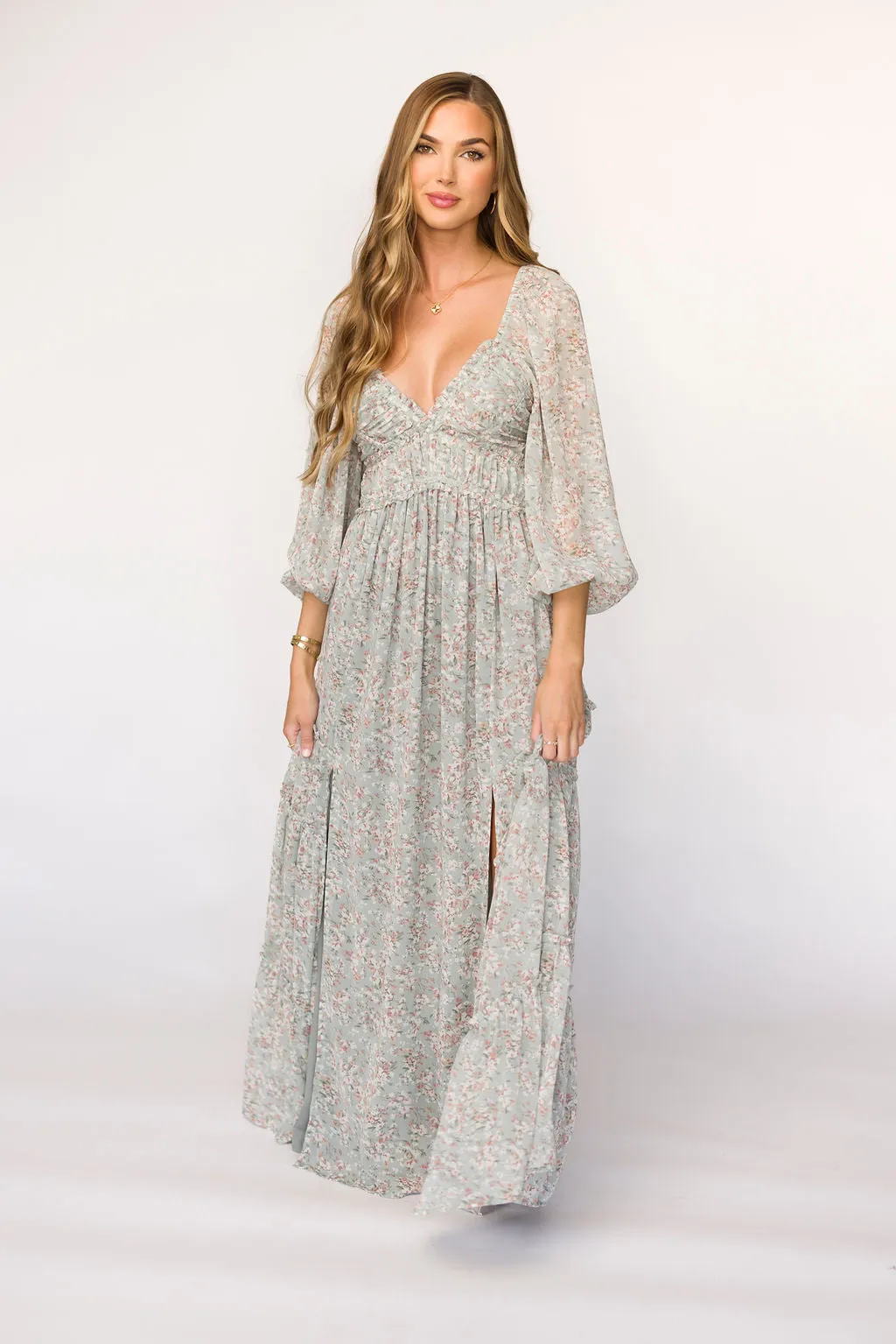 Daphne Long Sleeve Maxi Dress in Sage/Pink/Ivory Floral - Bump Friendly & Inclusive Sizing (XS-3XL)