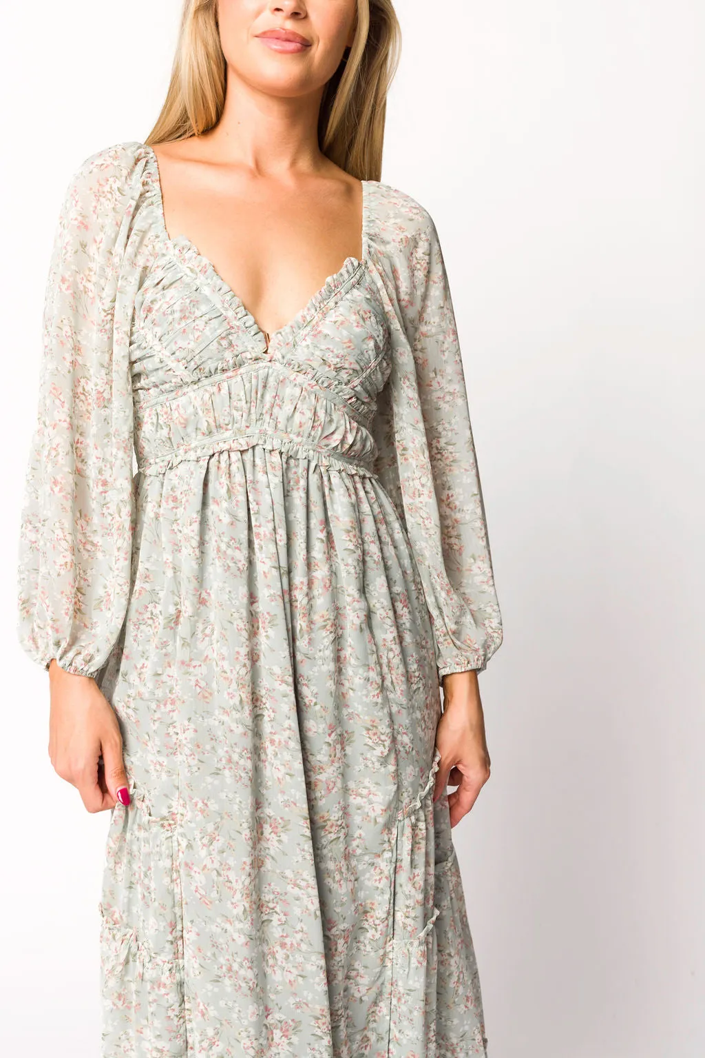 Daphne Long Sleeve Maxi Dress in Sage/Pink/Ivory Floral - Bump Friendly & Inclusive Sizing (XS-3XL)