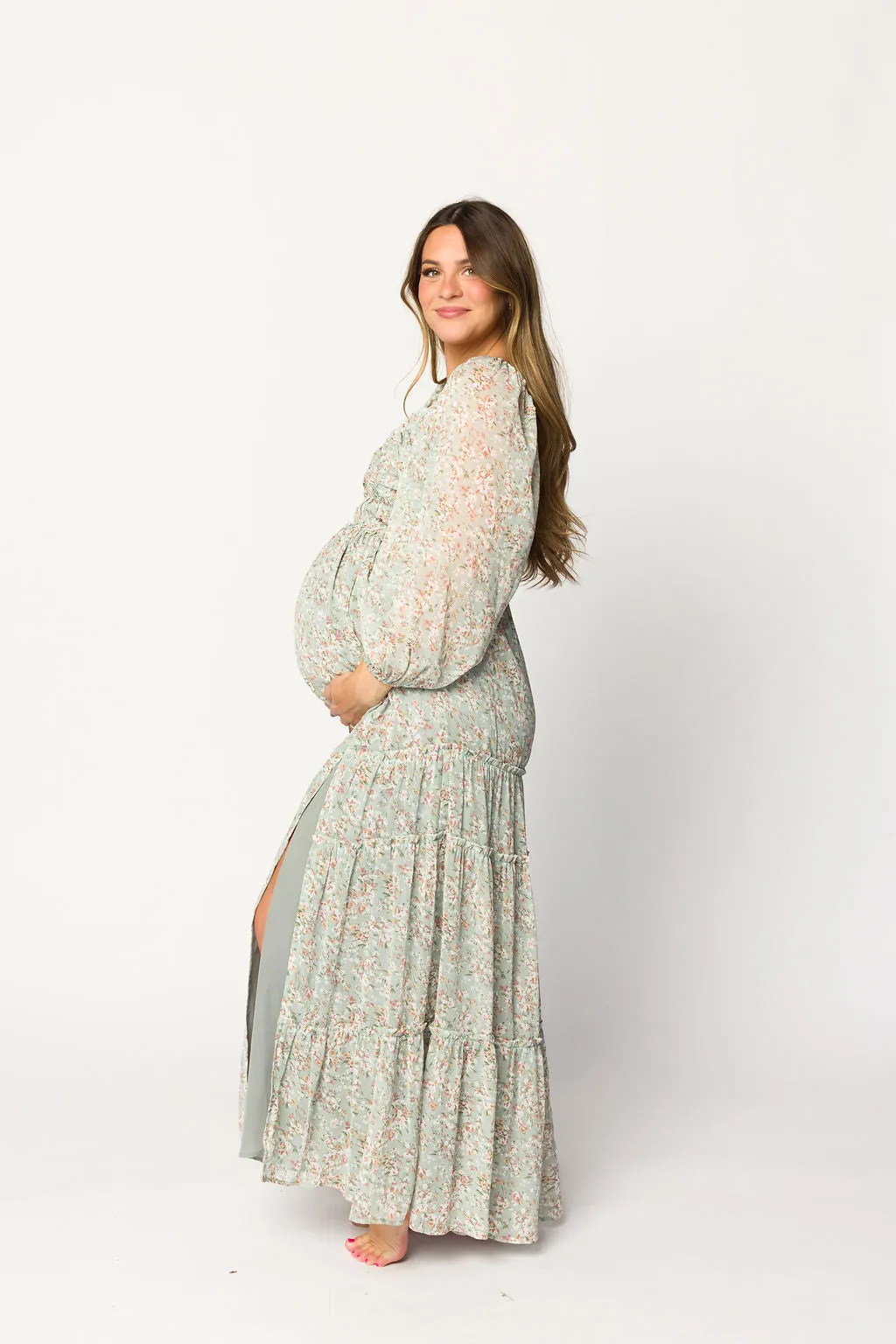 Daphne Long Sleeve Maxi Dress in Sage/Pink/Ivory Floral - Bump Friendly & Inclusive Sizing (XS-3XL)