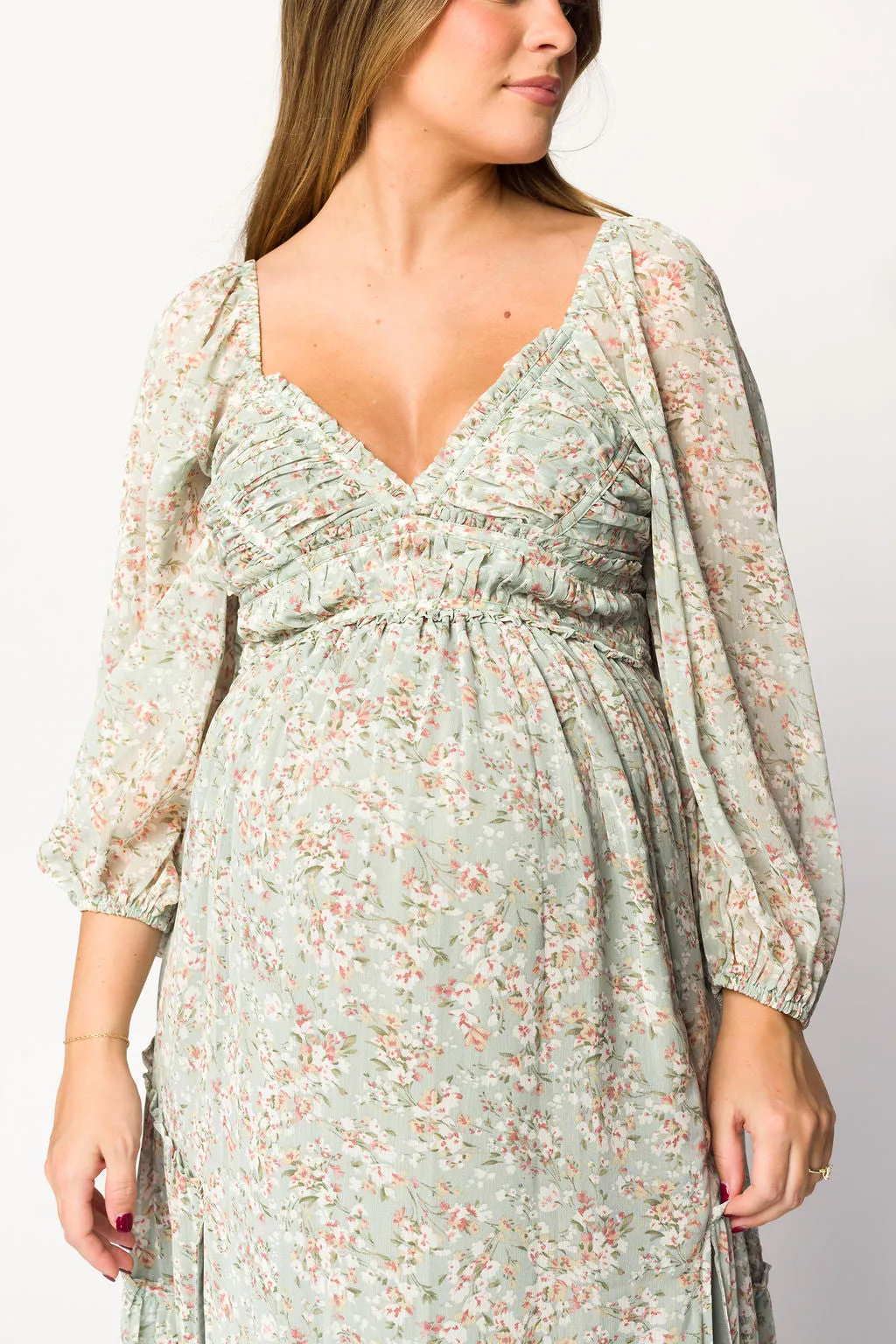 Daphne Long Sleeve Maxi Dress in Sage/Pink/Ivory Floral - Bump Friendly & Inclusive Sizing (XS-3XL)