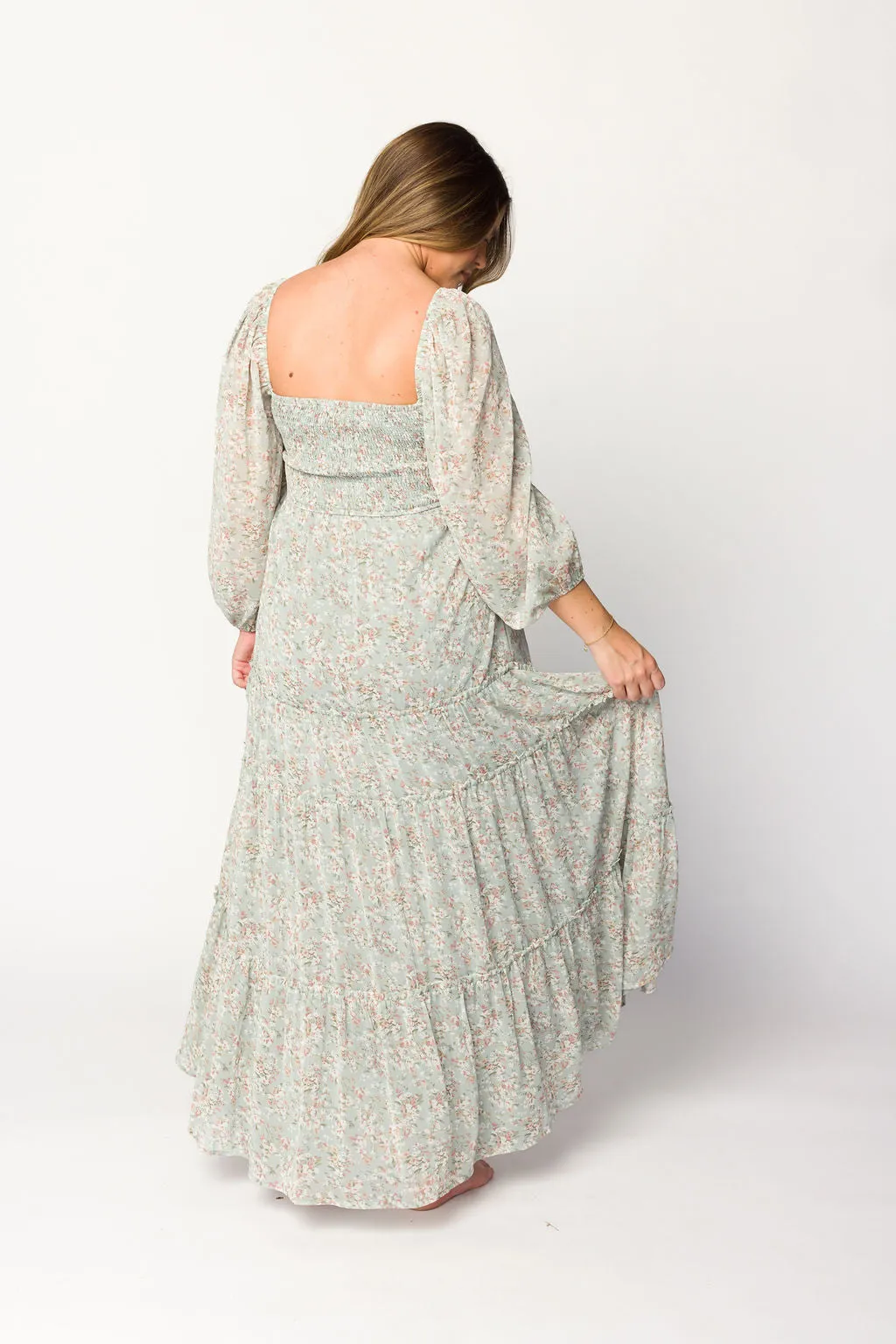 Daphne Long Sleeve Maxi Dress in Sage/Pink/Ivory Floral - Bump Friendly & Inclusive Sizing (XS-3XL)