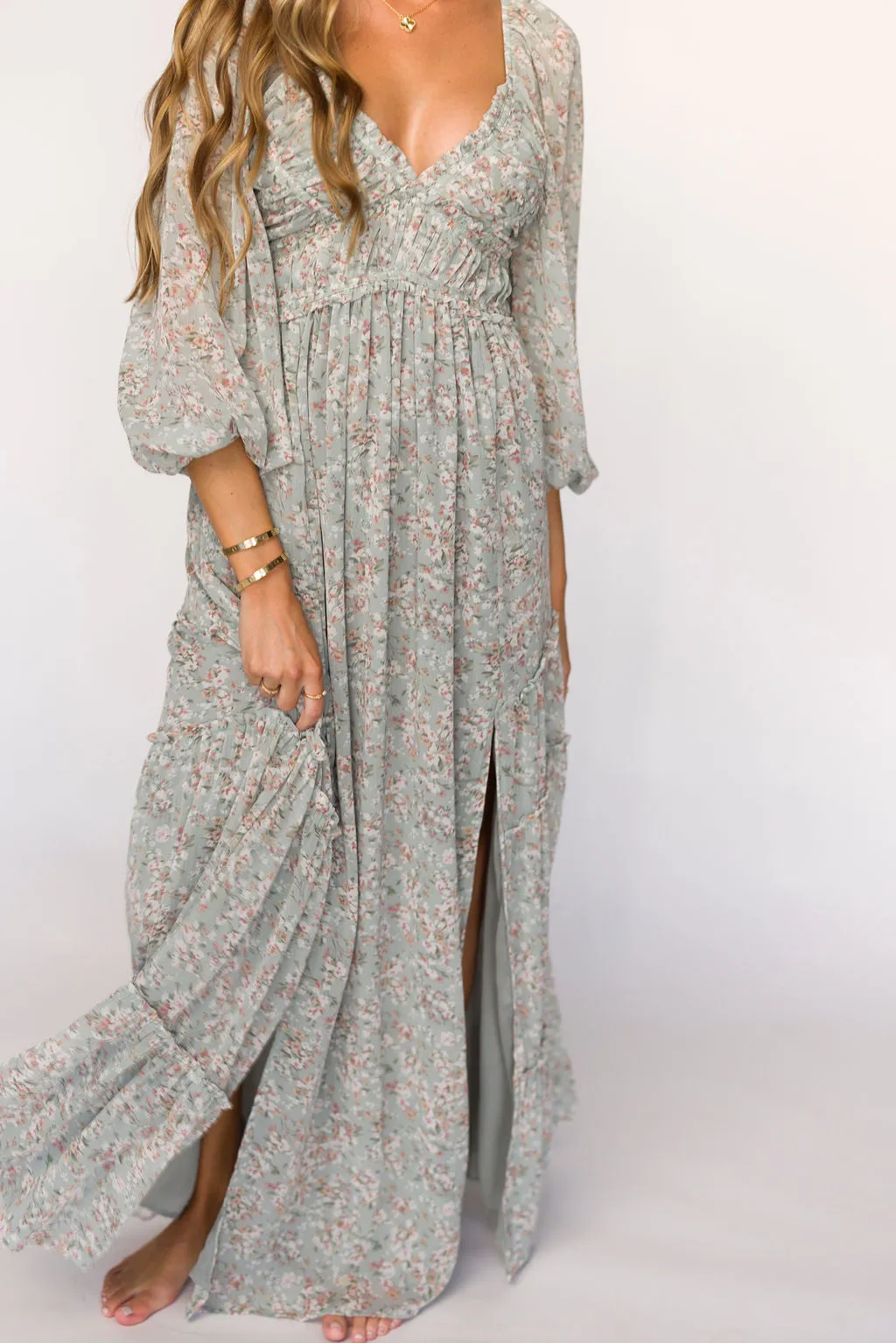 Daphne Long Sleeve Maxi Dress in Sage/Pink/Ivory Floral - Bump Friendly & Inclusive Sizing (XS-3XL)