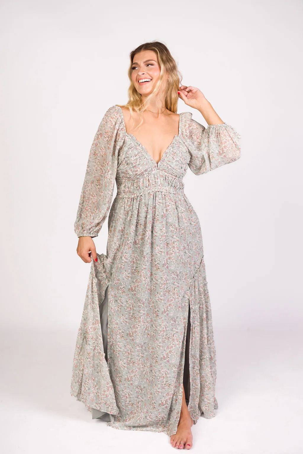 Daphne Long Sleeve Maxi Dress in Sage/Pink/Ivory Floral - Bump Friendly & Inclusive Sizing (XS-3XL)