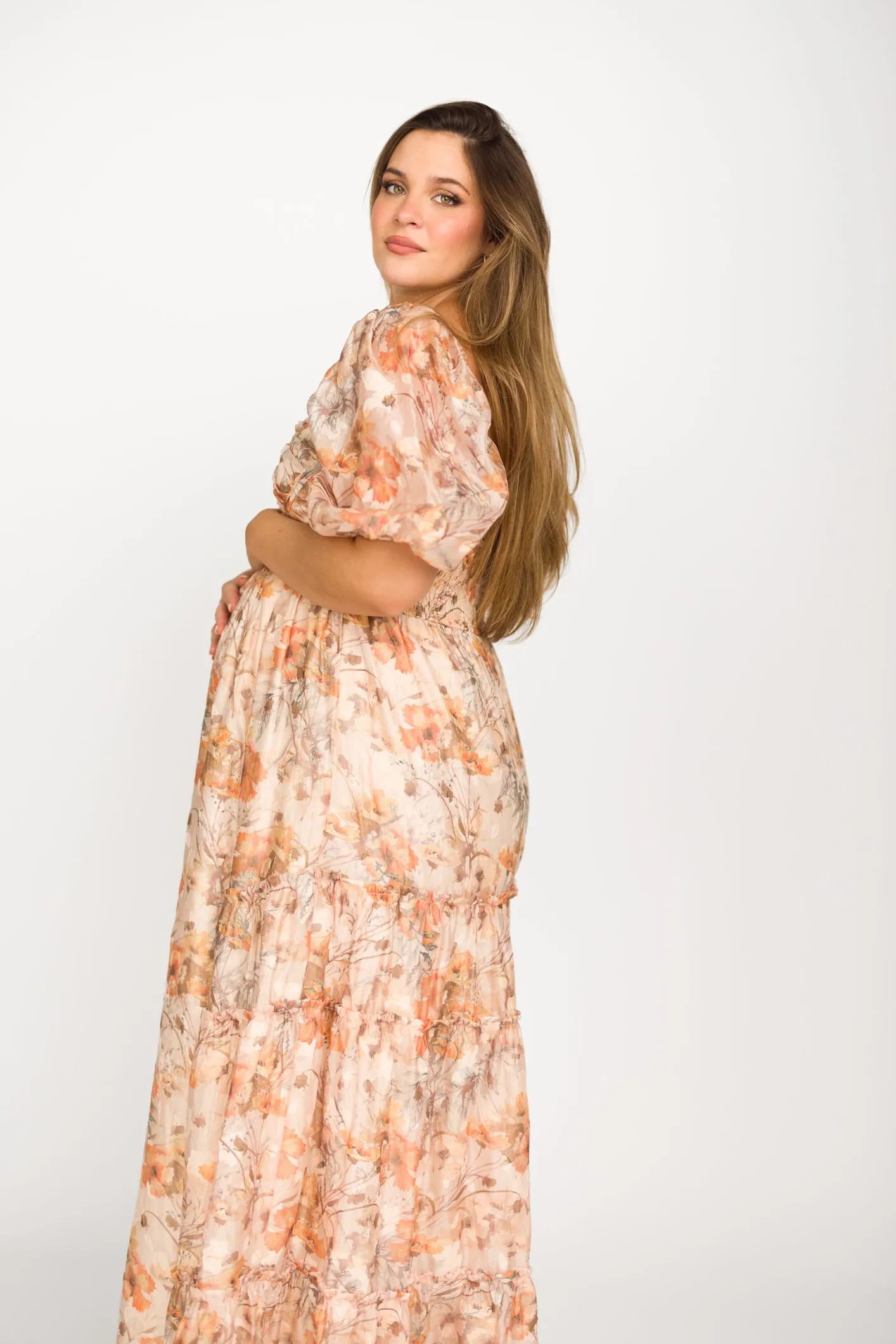 Daphne Maxi Dress in Beige Multi - Bump Friendly & Inclusive Sizing (S-3XL)