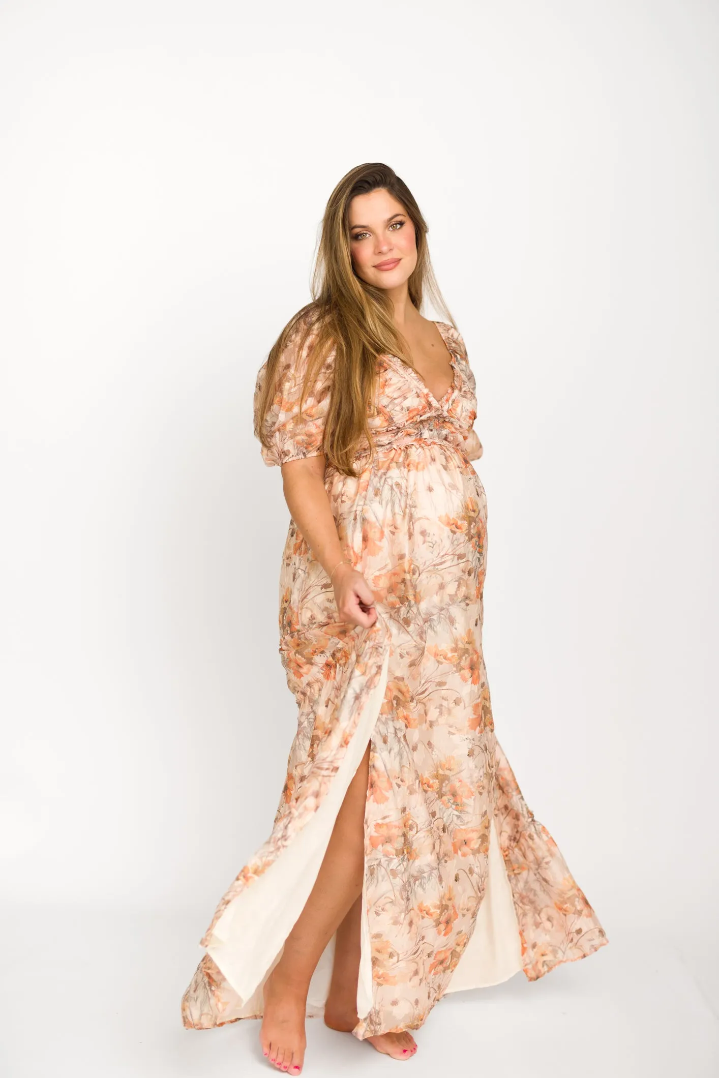 Daphne Maxi Dress in Beige Multi - Bump Friendly & Inclusive Sizing (S-3XL)