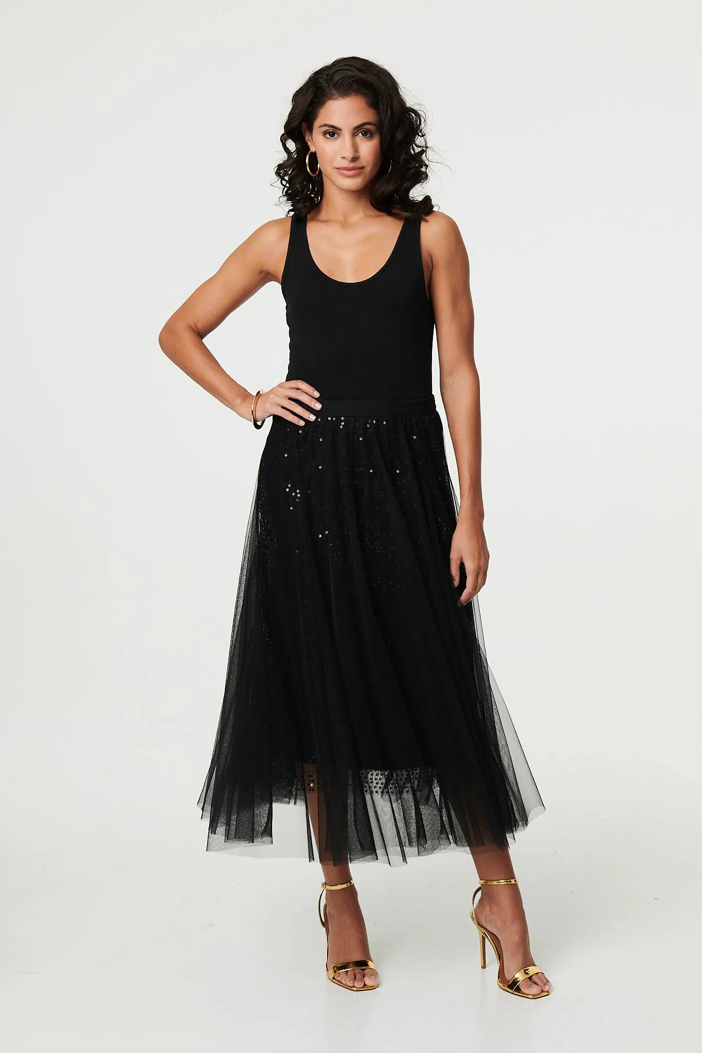 Embellished Mesh Layer Midi Skirt