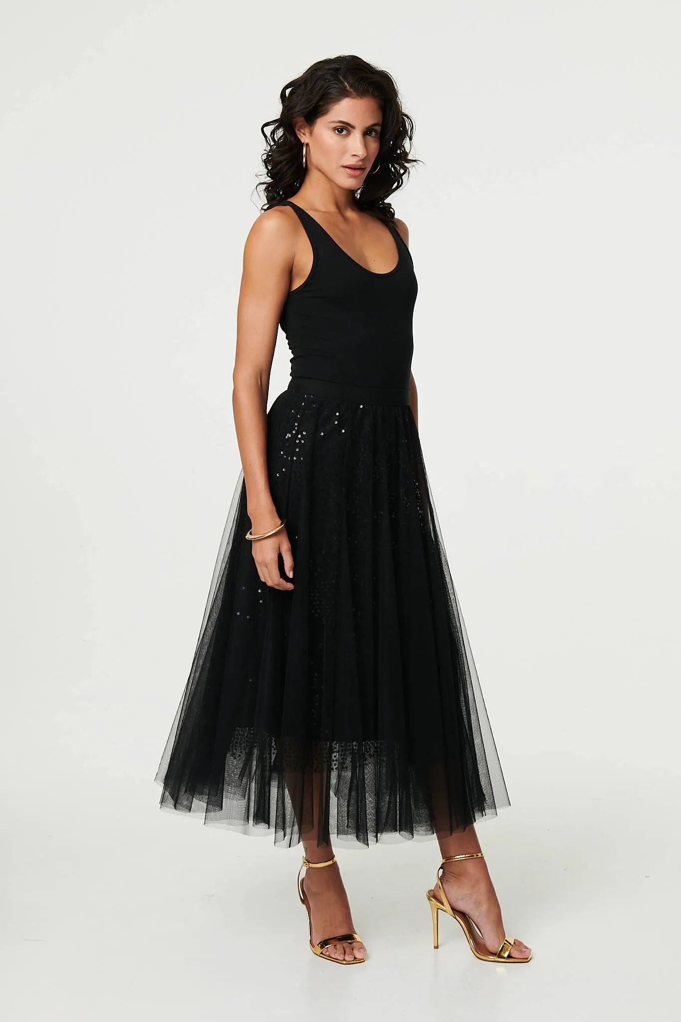 Embellished Mesh Layer Midi Skirt