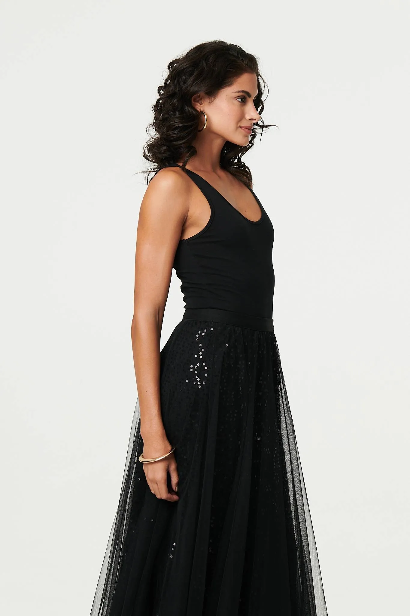 Embellished Mesh Layer Midi Skirt