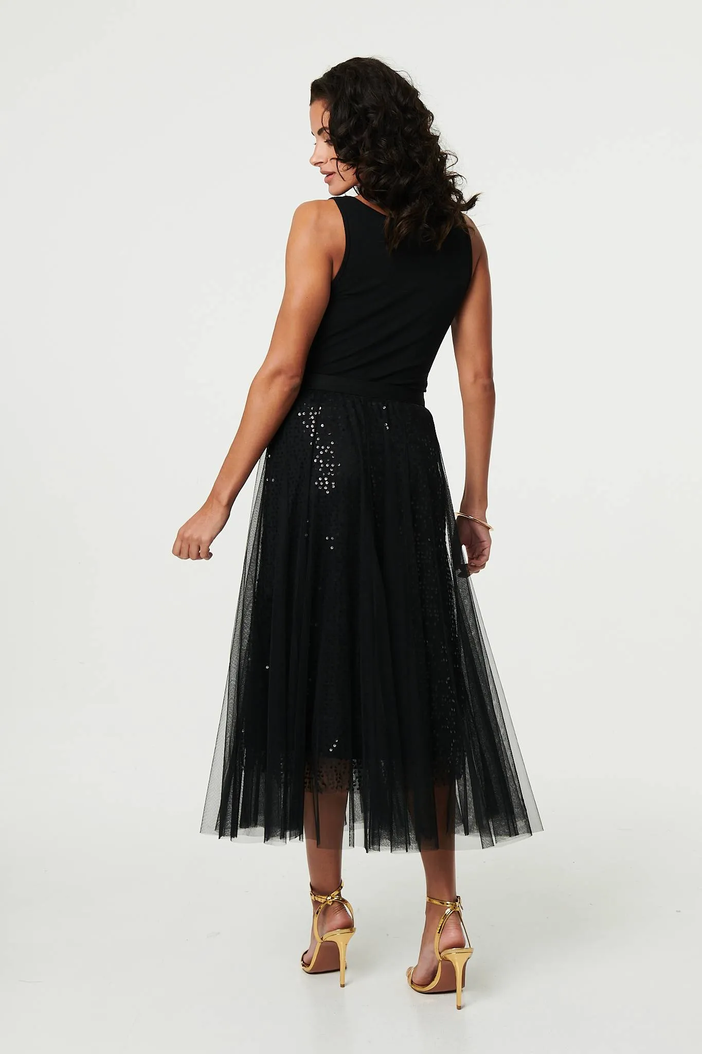 Embellished Mesh Layer Midi Skirt