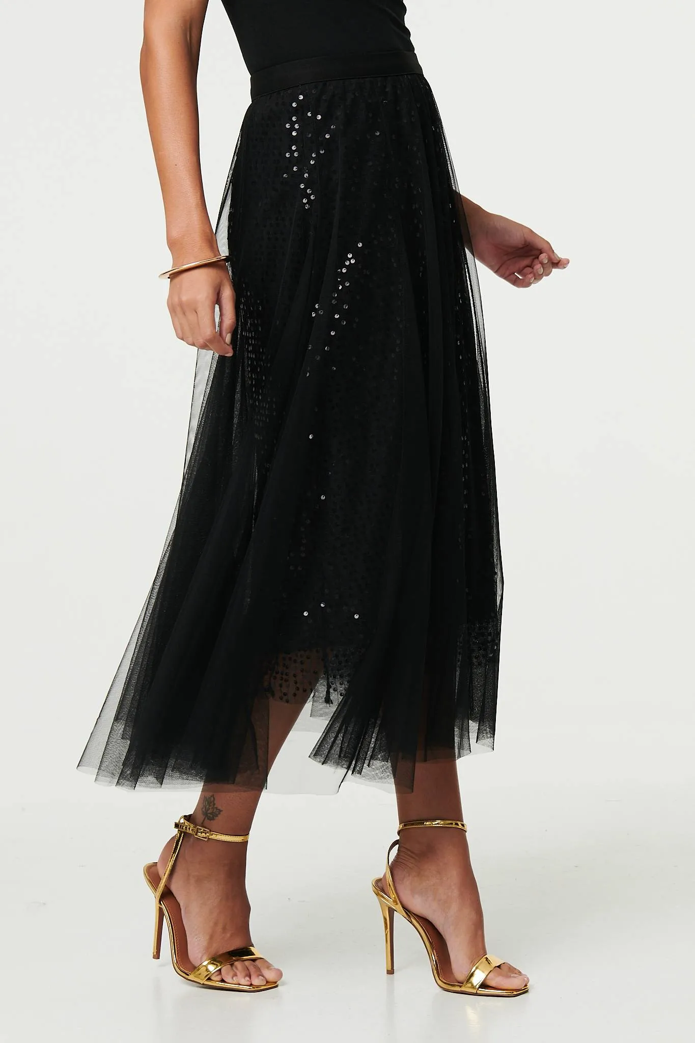 Embellished Mesh Layer Midi Skirt