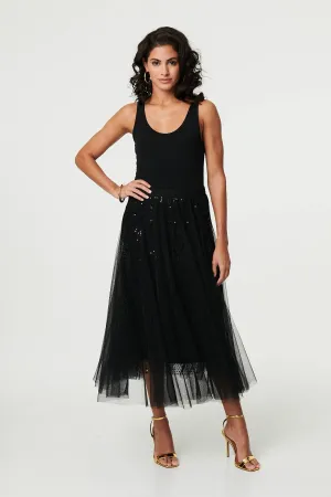 Embellished Mesh Layer Midi Skirt