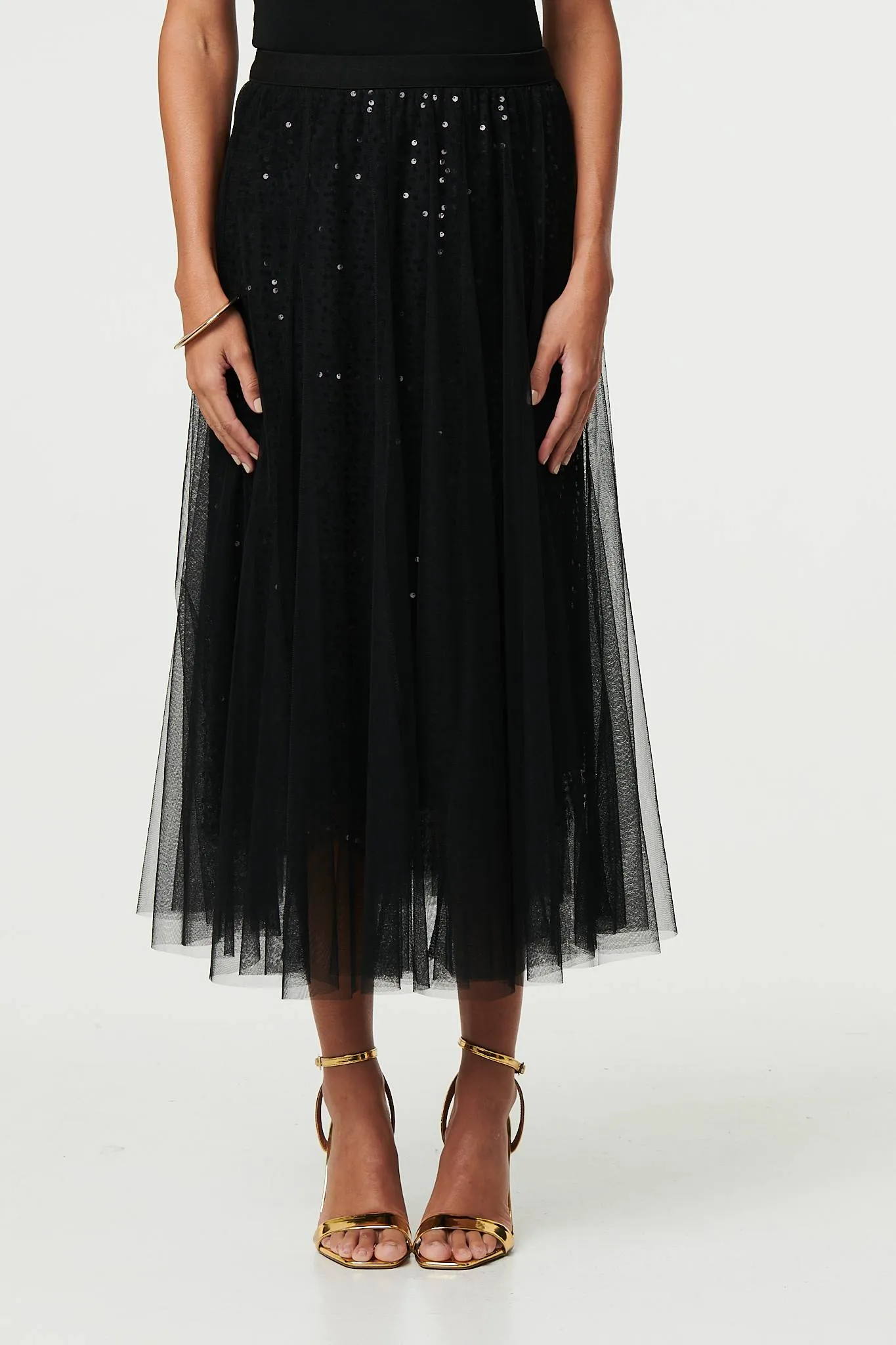 Embellished Mesh Layer Midi Skirt