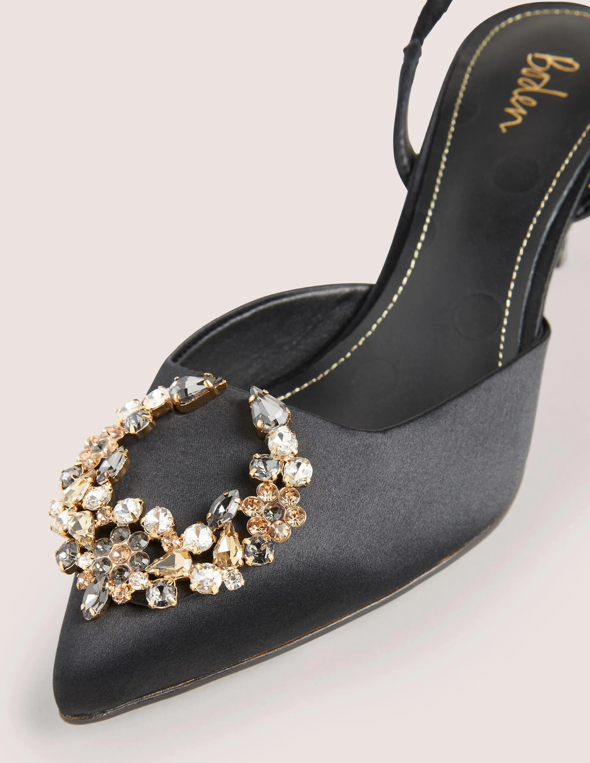Embellished Slingback Heels-Black. Clear Jewels