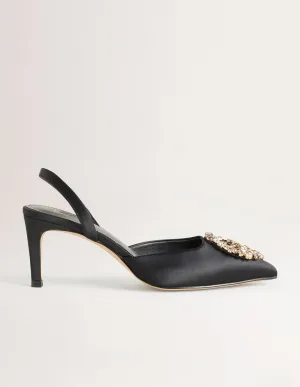 Embellished Slingback Heels-Black. Clear Jewels