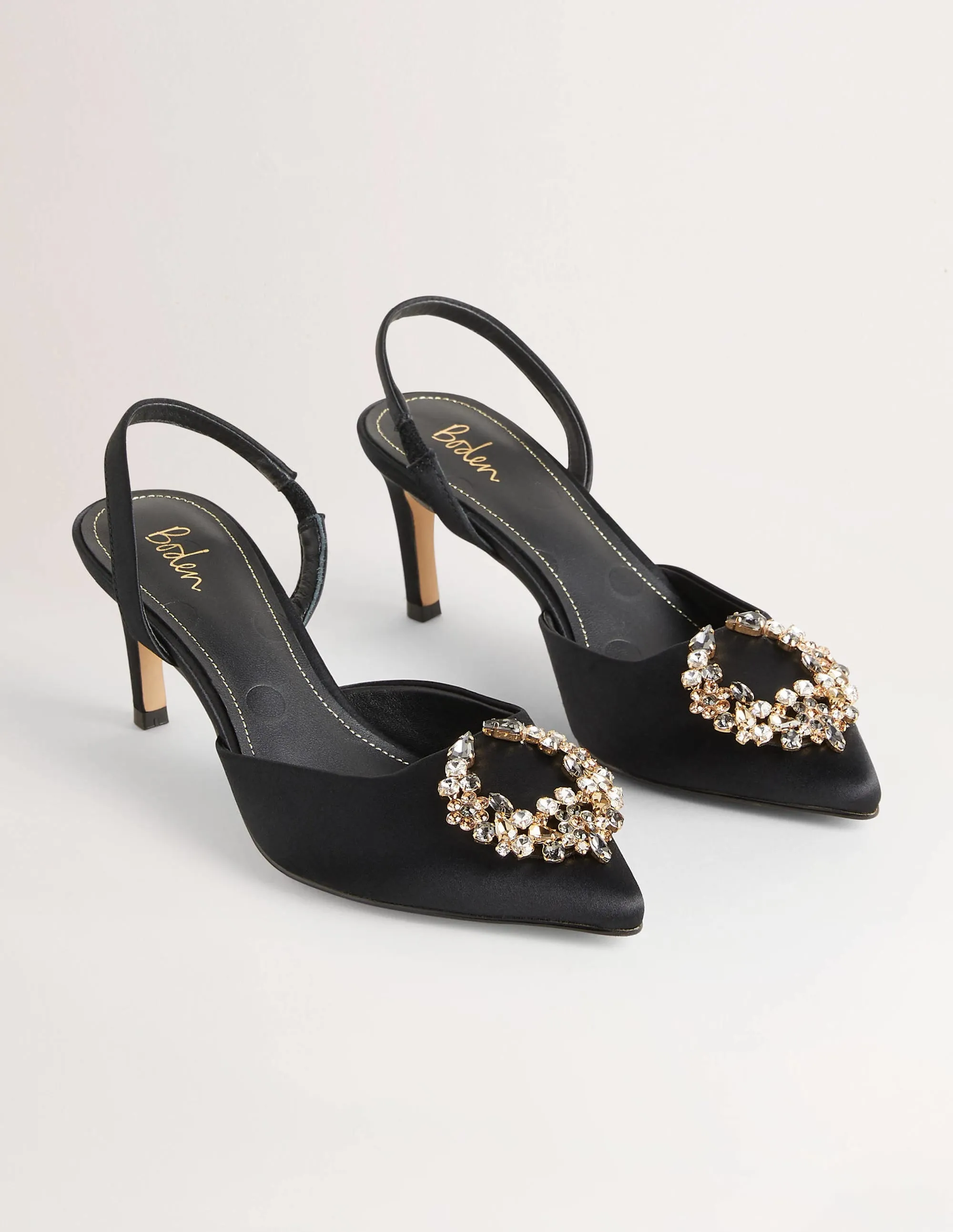 Embellished Slingback Heels-Black. Clear Jewels