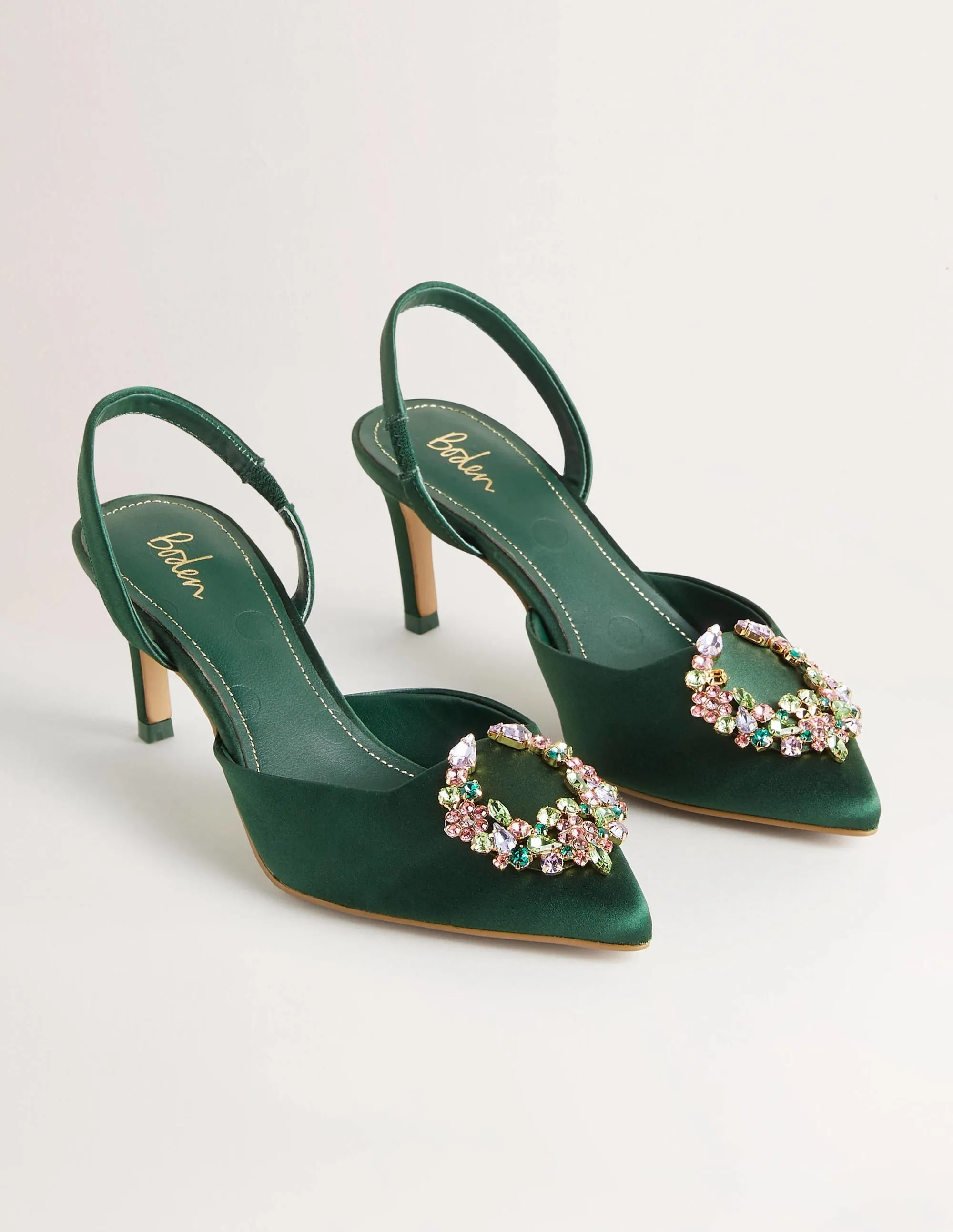 Embellished Slingback Heels-Hunter Green. Multi Jewels