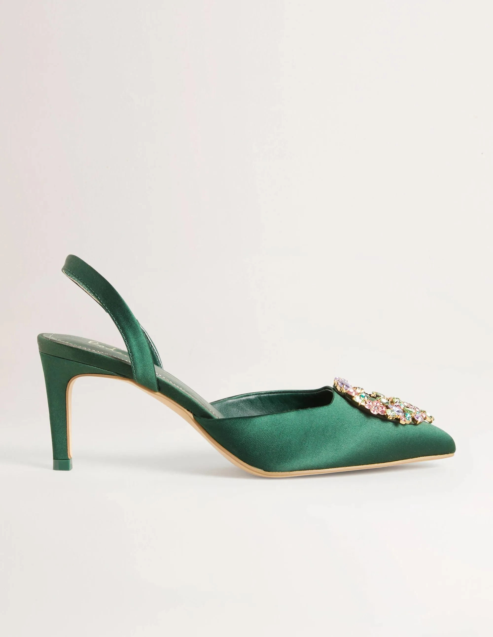 Embellished Slingback Heels-Hunter Green. Multi Jewels
