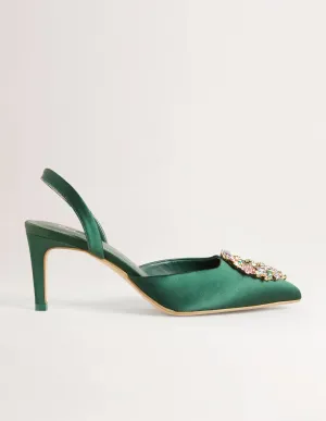 Embellished Slingback Heels-Hunter Green. Multi Jewels