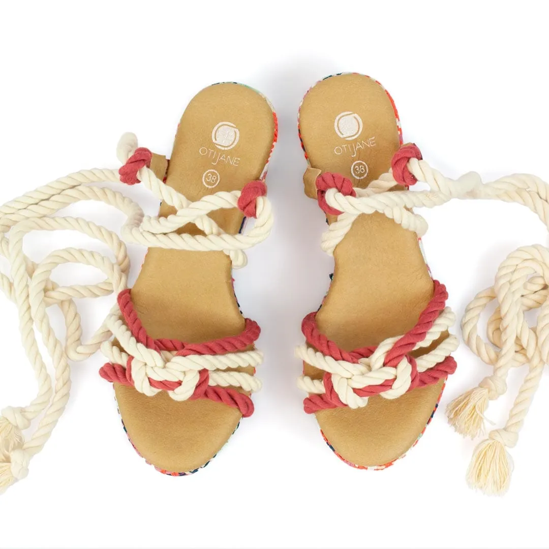 Evelyn Vegan Cotton Rope Wedge Sandals | Red