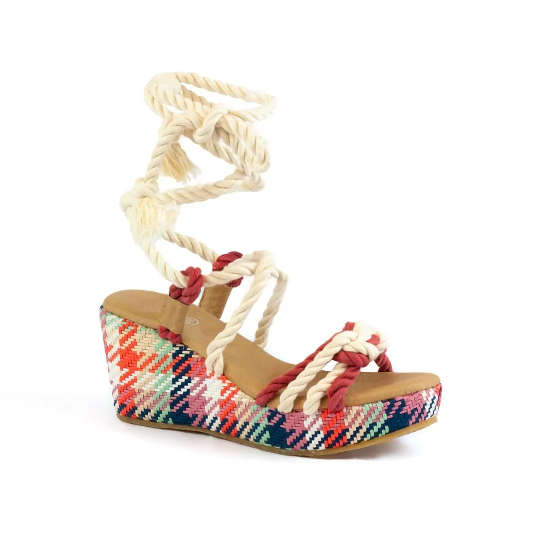 Evelyn Vegan Cotton Rope Wedge Sandals | Red