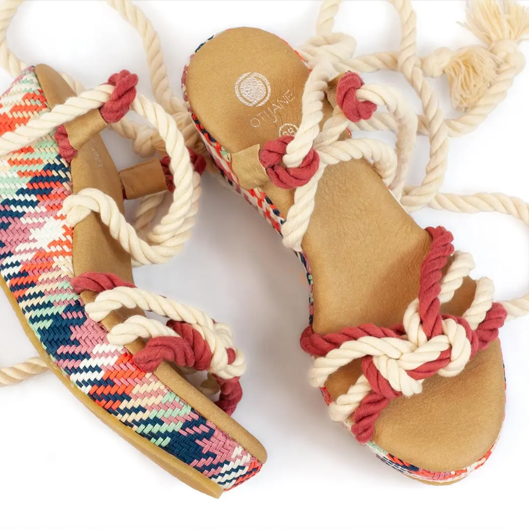 Evelyn Vegan Cotton Rope Wedge Sandals | Red