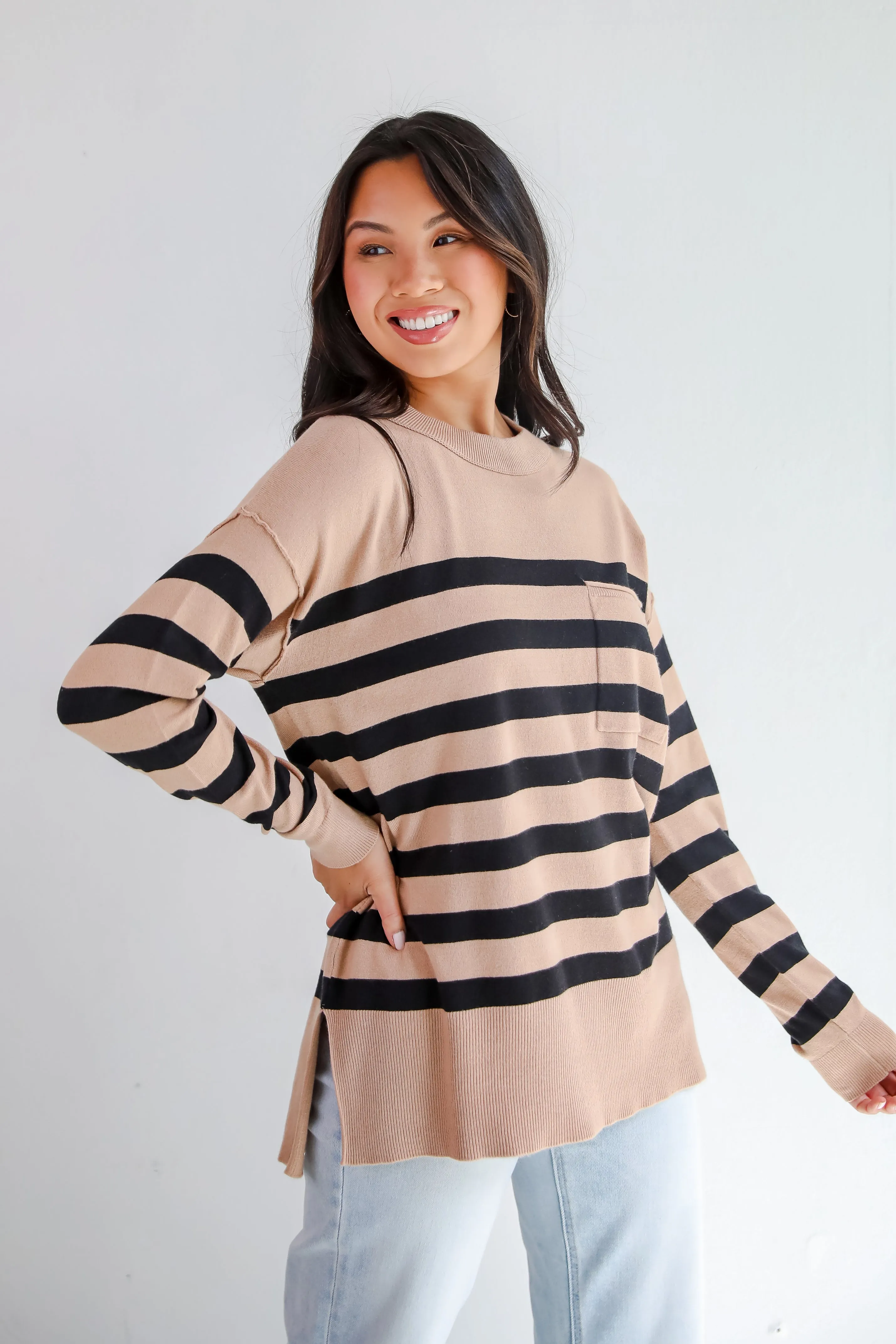 FINAL SALE - Cuddled Up Days Camel Striped Sweater